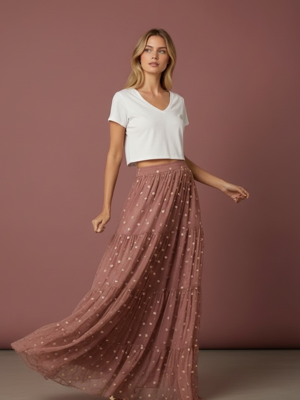 ❤️ NWOT! House of Indya Tulle Mesh Gold Foil Embroidery Tiered Boho Maxi Skirt